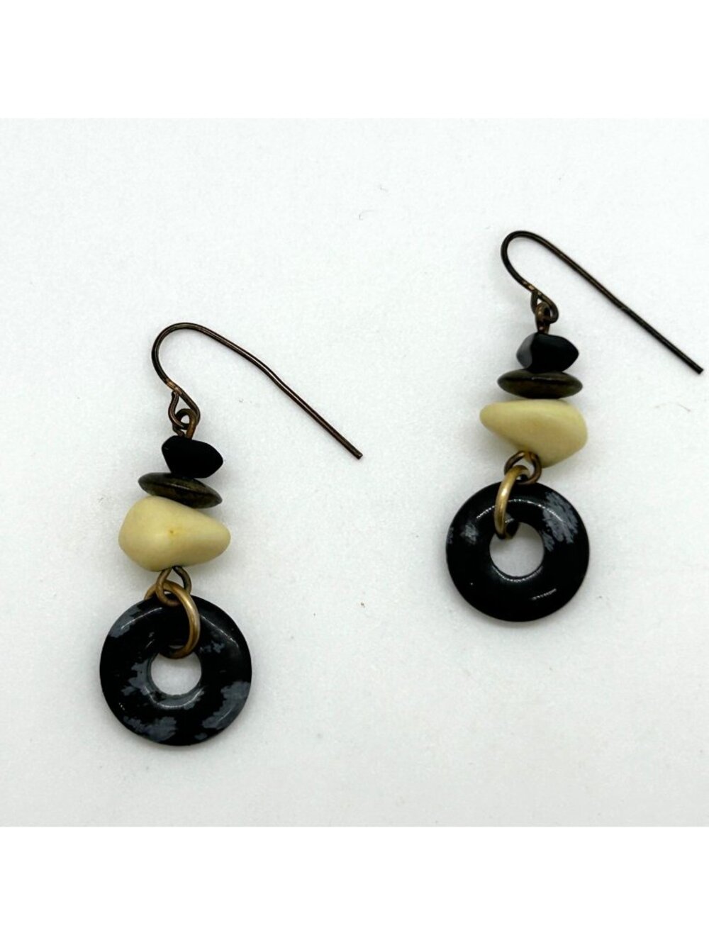 Handcrafted Acrylic Bead and Donut Ring Stacked Bead Dangle Earrings - Picture 1 of 11
